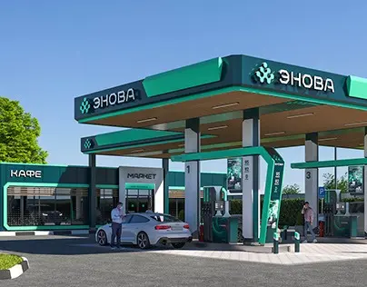 Энова gas station with illuminated canopy and signage
