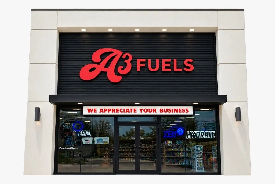 A3 Fuels storefront with neon signs