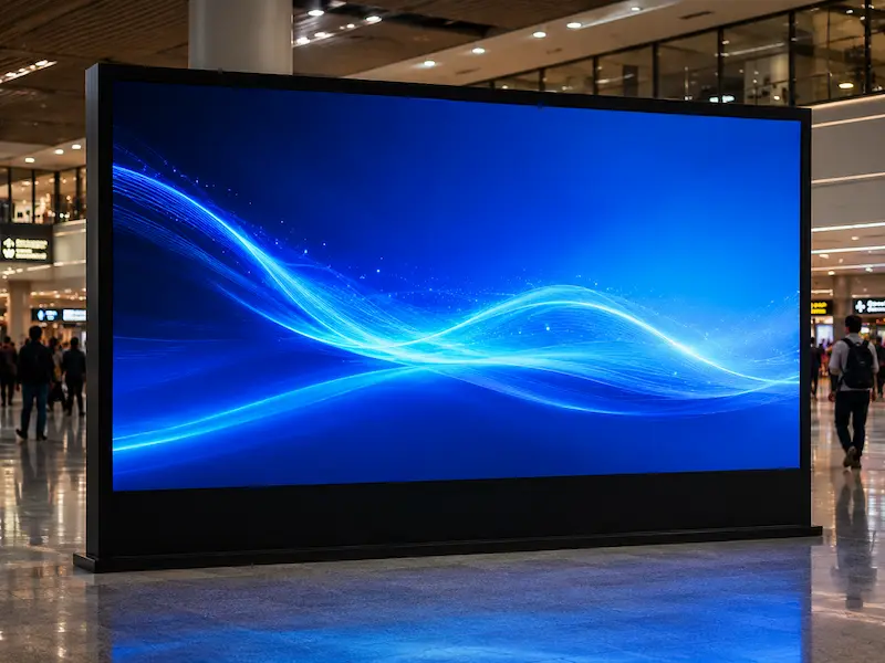 Indoor LED video display billboard with dynamic blue graphics