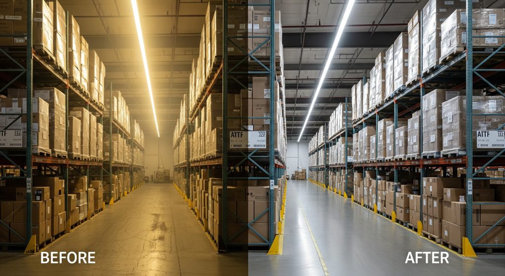 A side-by-side comparison shows a warehouse aisle with shelving full of boxes. The "BEFORE" side on the left has warm, yellow-toned lighting, while the "AFTER" side on the right features cool, bright white lighting, illuminating the space more clearly.