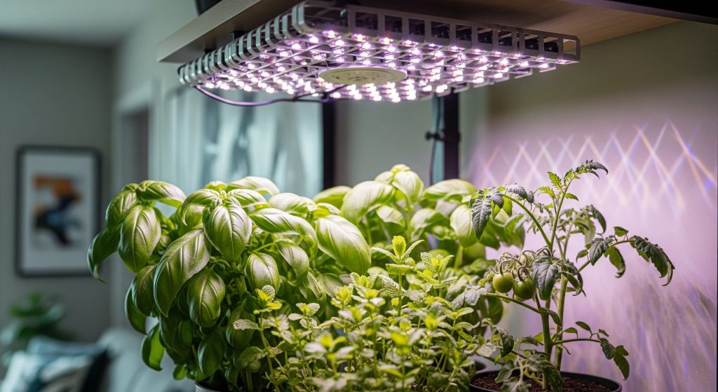 A close-up shot shows a small indoor garden with various plants, including basil and a young tomato plant with green tomatoes, growing under a square LED grow light that emits a purplish glow.