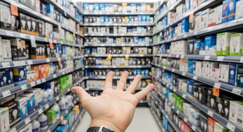 A point-of-view shot shows a person's open palm reaching towards a brightly lit store aisle filled with shelves stocked high with various lightbulbs and lighting accessories.