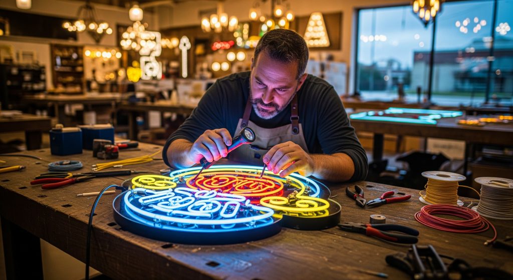 A craftsman with a beard is intently focused on assembling a neon sign with intricate blue and yellow tubing, holding a tool in each hand, in a workshop filled with various lighting fixtures.