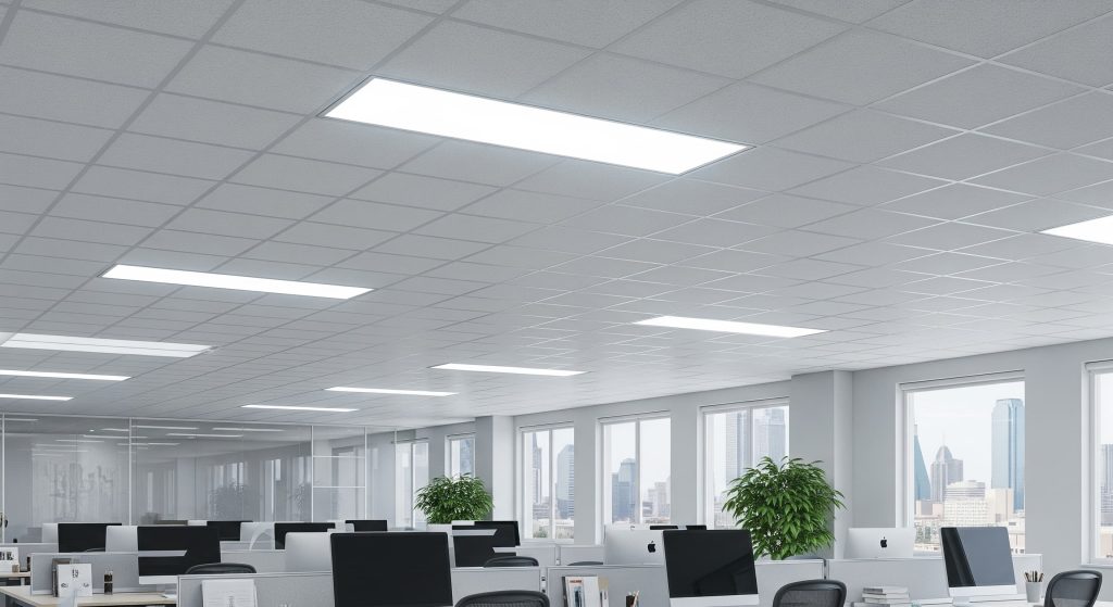 A brightly lit modern office features a grid of white ceiling tiles with recessed rectangular LED light panels, illuminating rows of open-plan workstations with desktop computers and large windows offering a view of a city skyline.