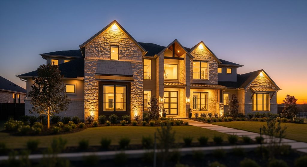 A grand, two-story stone and stucco house is beautifully illuminated with warm outdoor lighting at dusk, highlighting its architectural details, lush green lawn, and a winding pathway leading to the front door, all set against a fading colorful sunset sky.