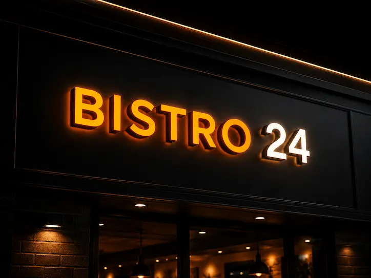 Bistro 24 Restaurant illuminated channel letters at night