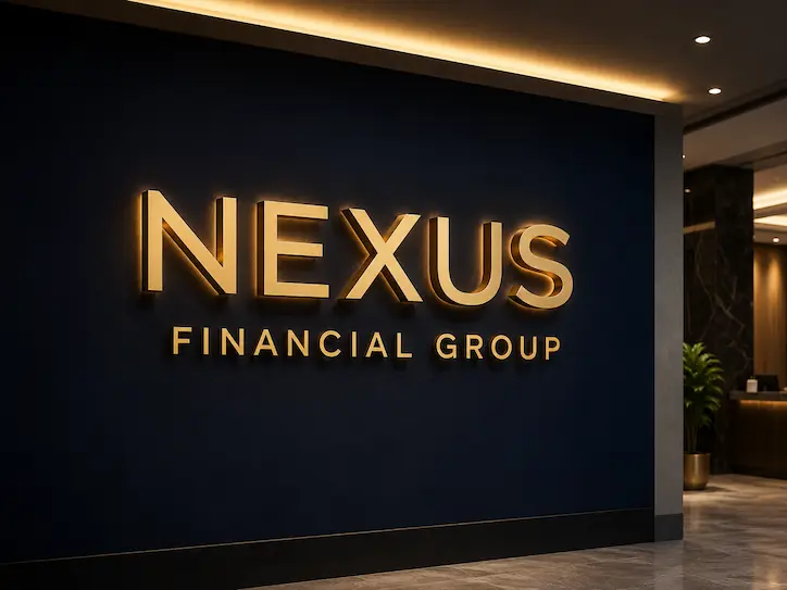 Nexus Financial Group illuminated gold lobby sign