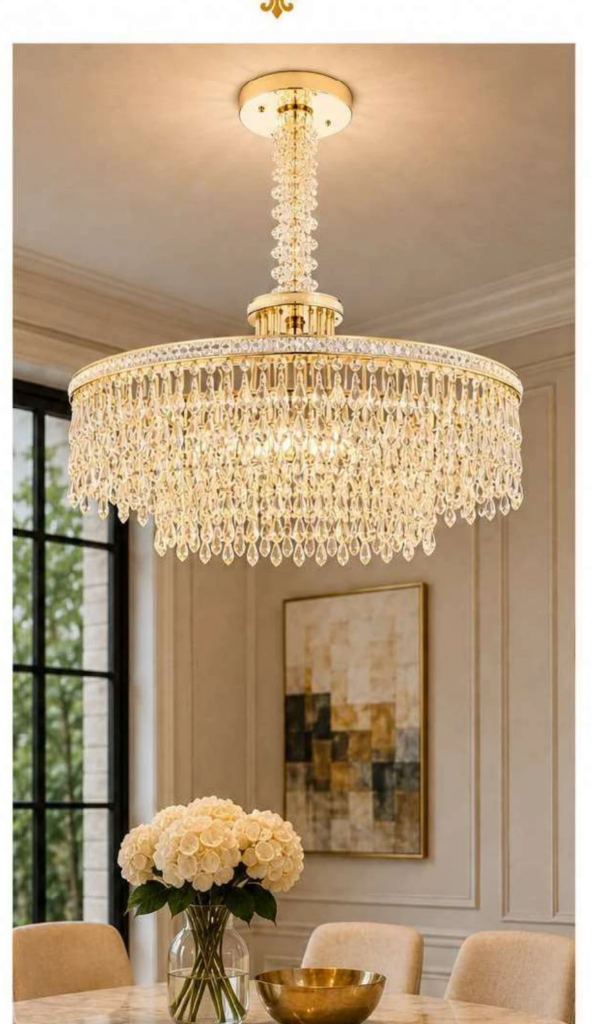 DD20816-2 Luxury Crystal Chandelier – Tiered Crystal Droplet Drum (24″ or 31″)