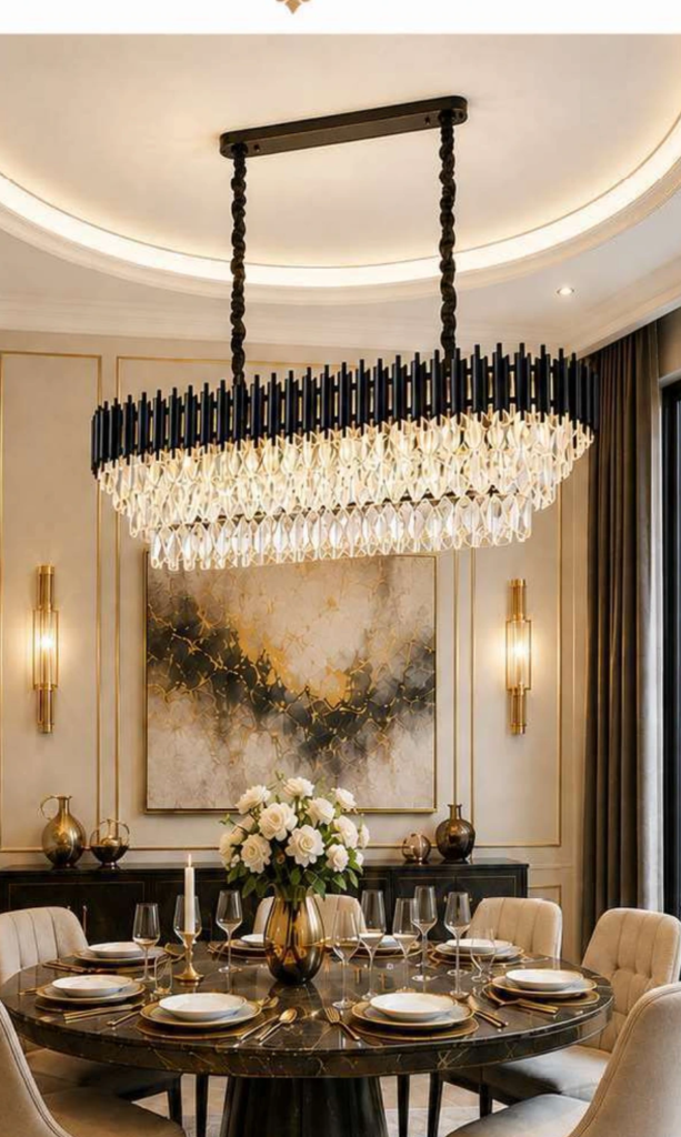 LR19006-350 Luxury Crystal Chandelier – Linear Tiered Crystal, Black (31″ or 39″)