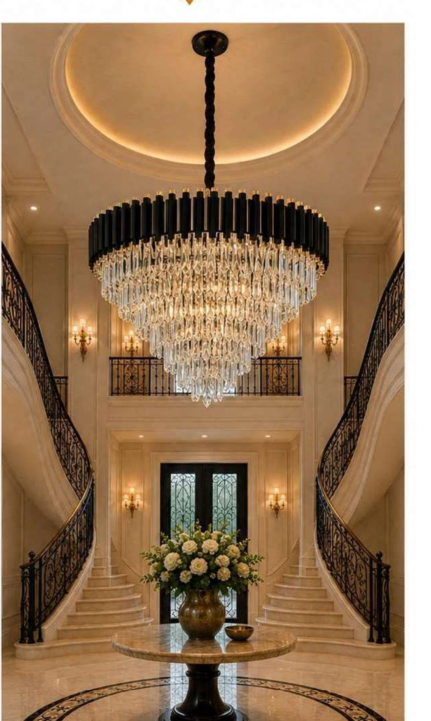 LR19006 Luxury Crystal Chandelier – Tiered Crystal Pyramid, Black (31″-39″)
