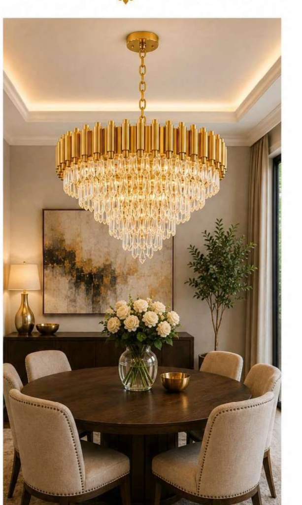 LR19006 Luxury Crystal Chandelier – Tiered Crystal Prism, Gold (31″-39″)