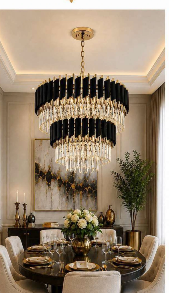 LR19027 Luxury Crystal Chandelier – Two-Tier Crystal Prism, Black (31″ or 40″)