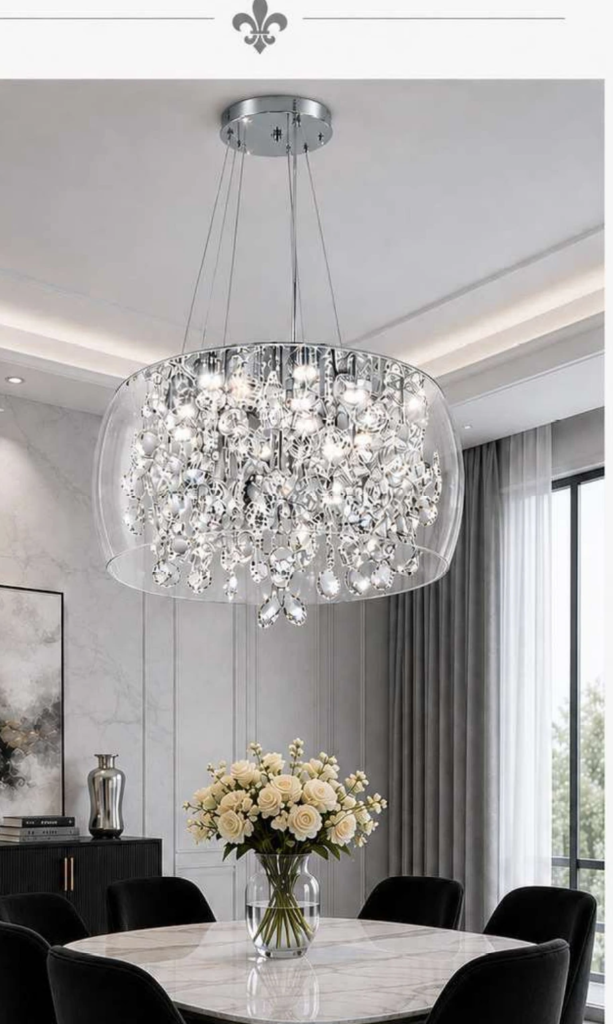 0894L Luxury Crystal Pendant – Crystal Drum with Smoke Glass (24″)