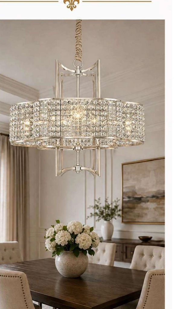 HS10193-SL Luxury Crystal Chandelier – Crystal Drum, Silver Frame (27″)